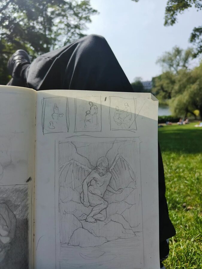 Me, chilling in the park last Sunday, sketching while prone