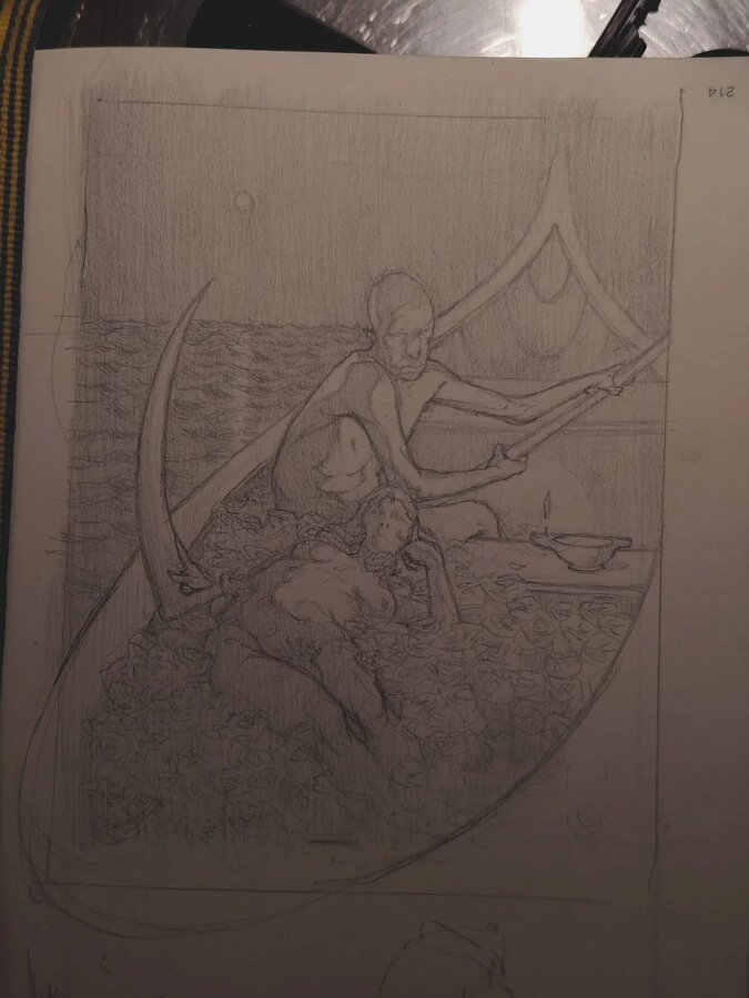My drawing: Heliogabalus and Charon on the Stygian lagoon (Quality and light is poor in the photo here, check out my socials to see a better image)