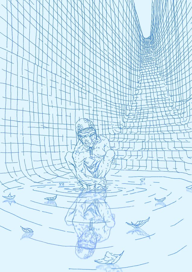 Memory of a woman that was (I hope) worshipping herself in the still waters of the baby pool. Pose based on 'The crouching woman' by Rodin